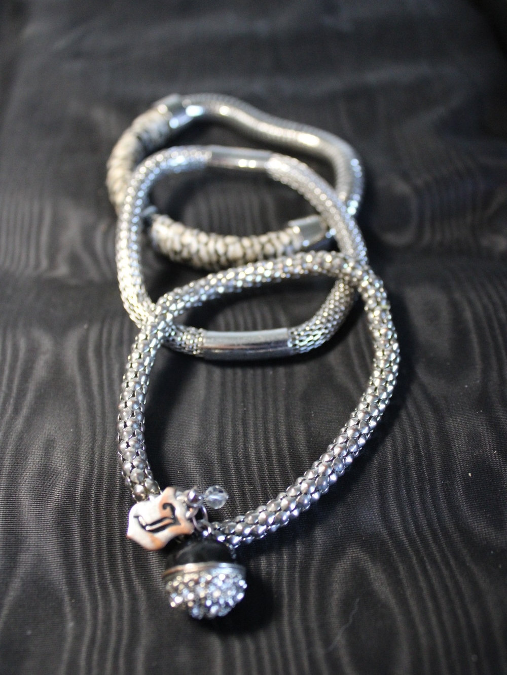 Lot of 3 Metallic Mesh Bracelets + Snakeskin Cuff + Silver Beaded Charm Bracelet